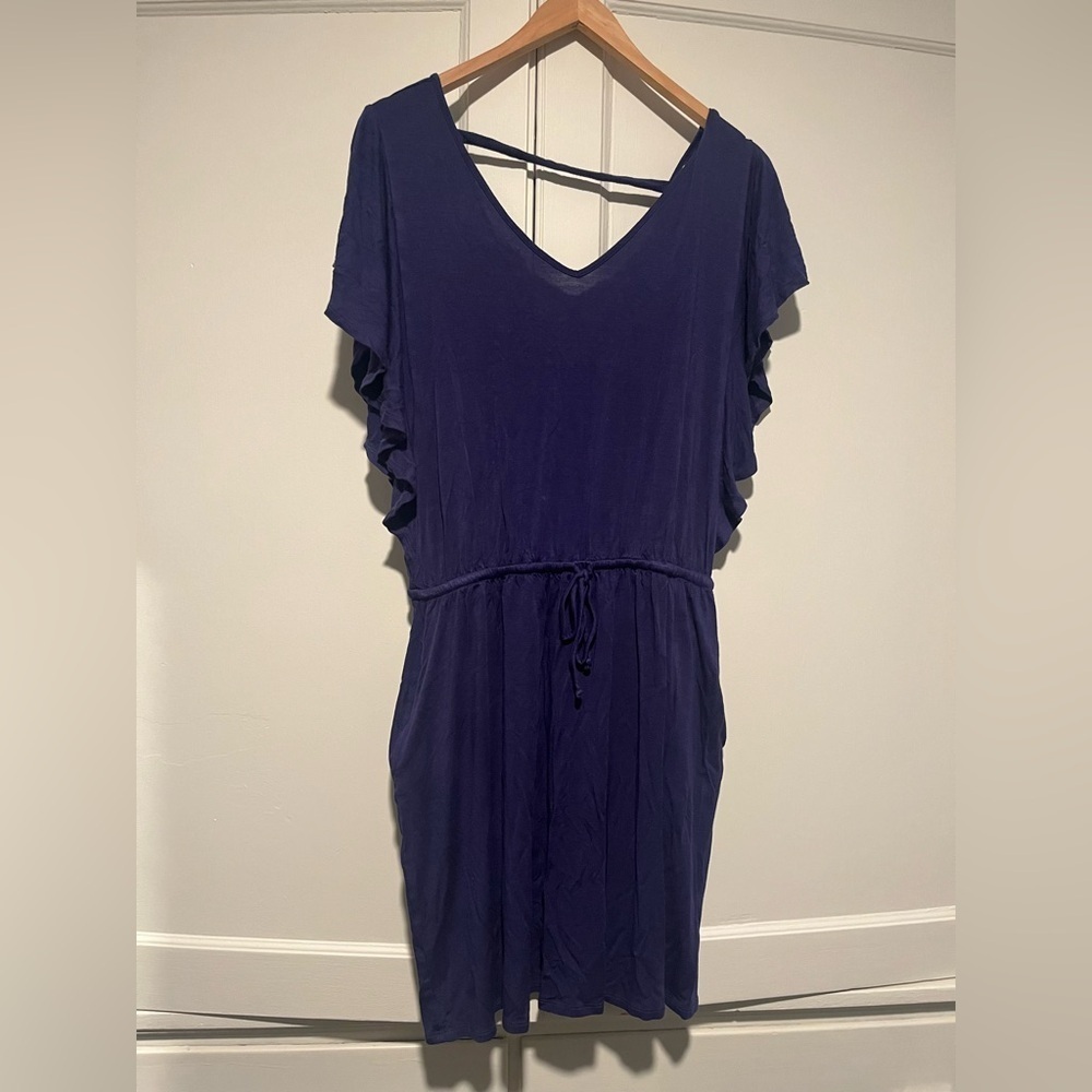 Cherish Navy Jersey Flutter Sleeve Tie Waist Dress